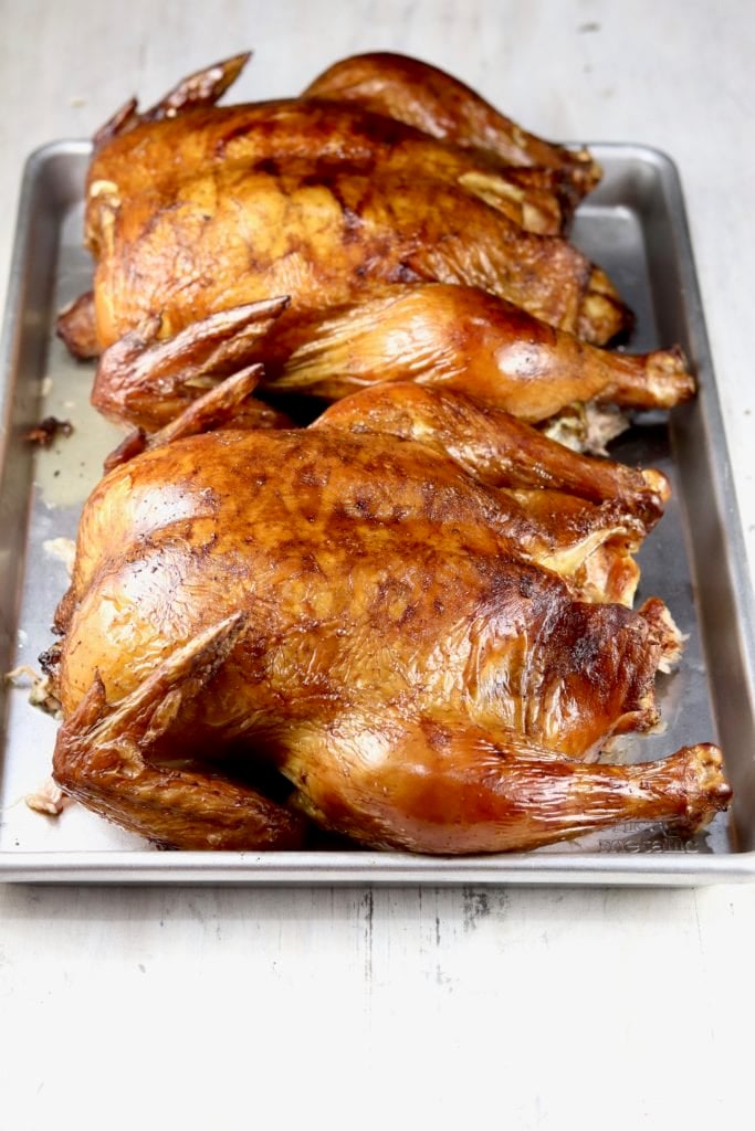 Smoked Whole Chickens on a tray