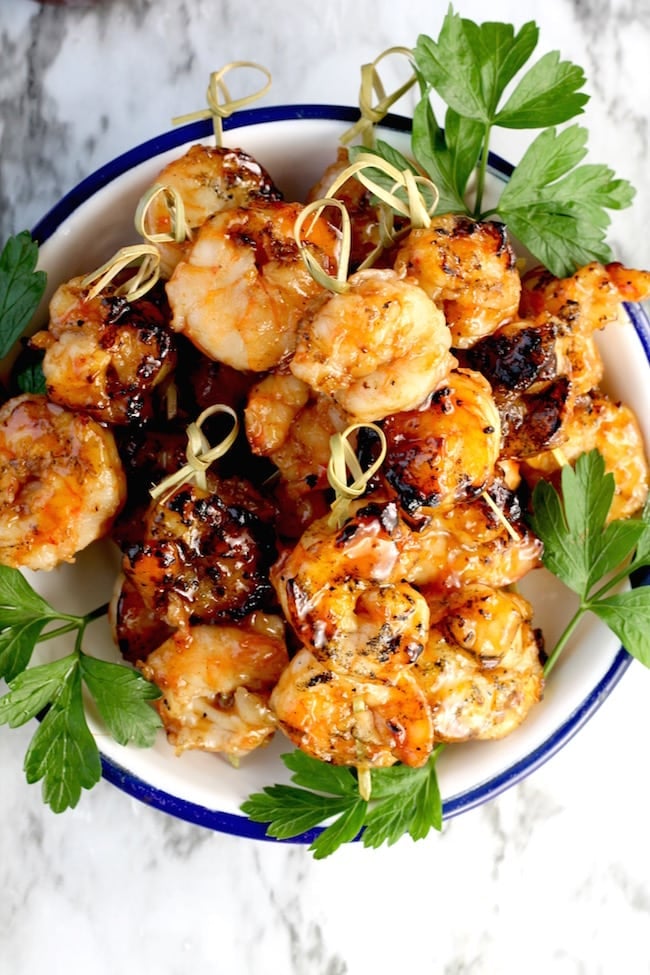 Easy Barbecue Grilled Shrimp served as an appetizer on party picks