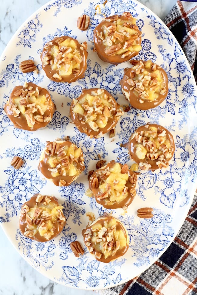 Caramel Apple Mini Cheesecakes are a favorite, bite- sized dessert for any occasion. These delicious mini vanilla cheesecakes are topped with caramel apples and toasted pecans. A great addition to any celebration or holiday dinner. 