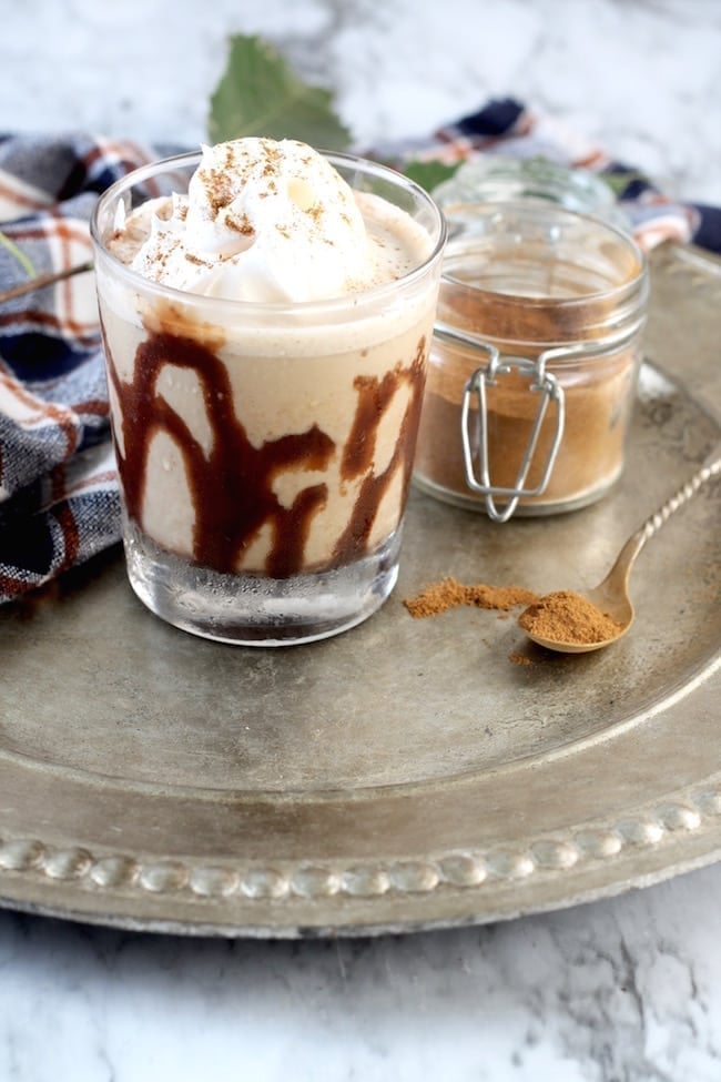 Pumpkin Spice White Russian Cocktail with chocolate drizzle
