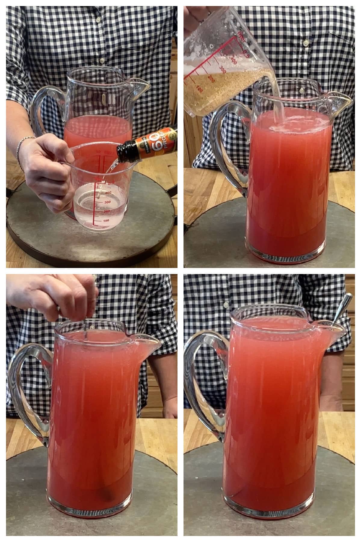 Collage making vodka cocktails in a pitcher with cranberry juice.