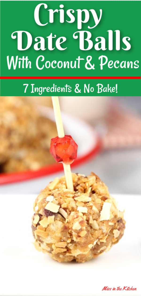 Crispy Date Balls are a holiday staple and so easy to make! Filled with sweet and chewy dates, pecans, Rice Krispies and then rolled in toasted coconut. Your family is sure to love these easy no bake holiday treats.