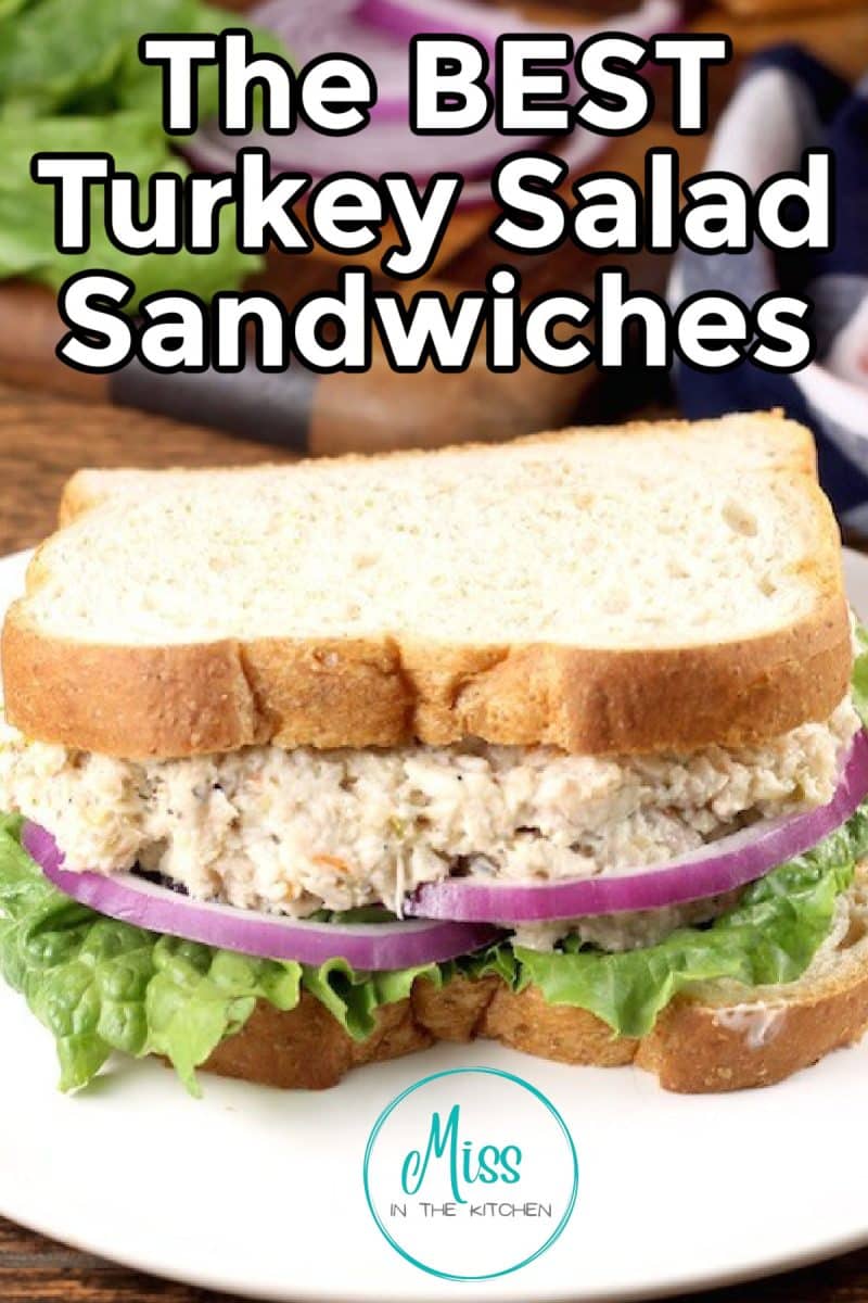 Turkey salad sandwich on a plate - text overlay.