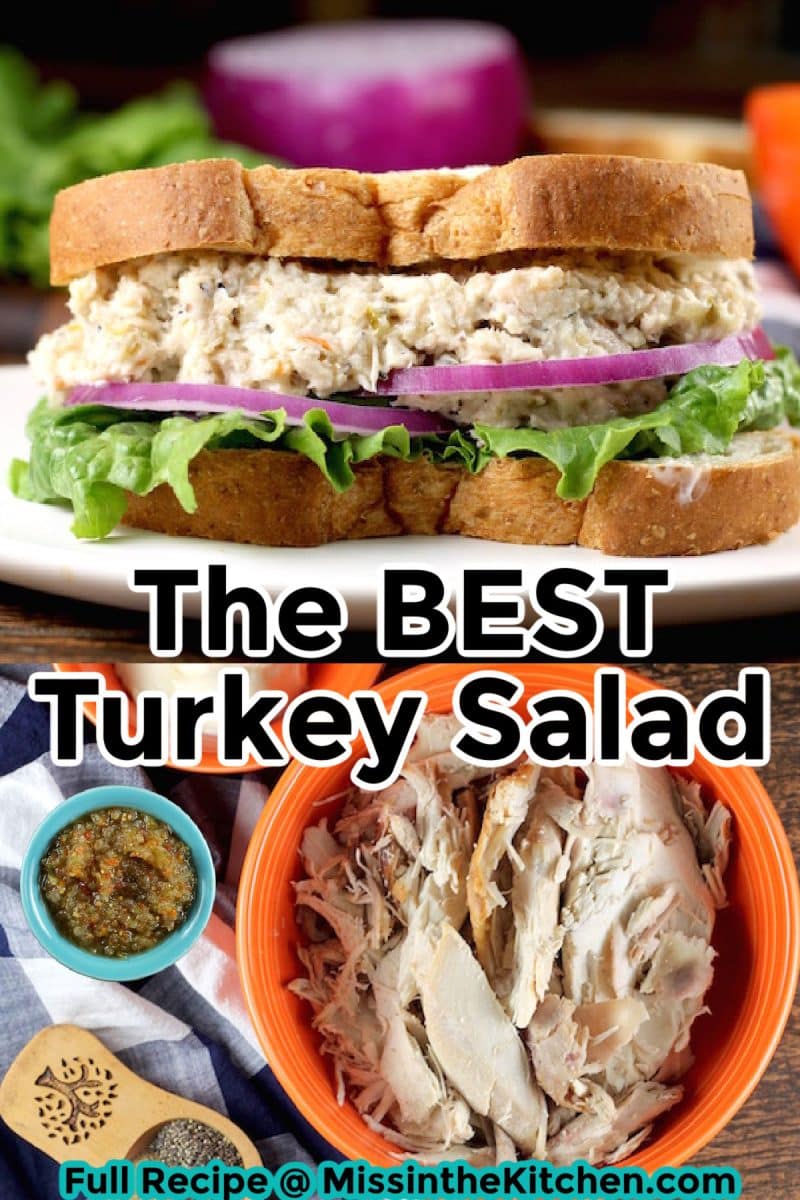 Collage: turkey salad sandwich/ingredients. Text overlay.