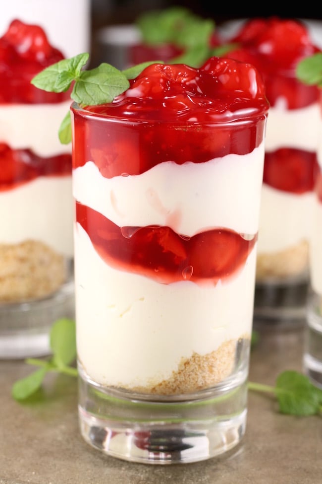 Cherry Cream Cheese Pie Shooters garnished with mint