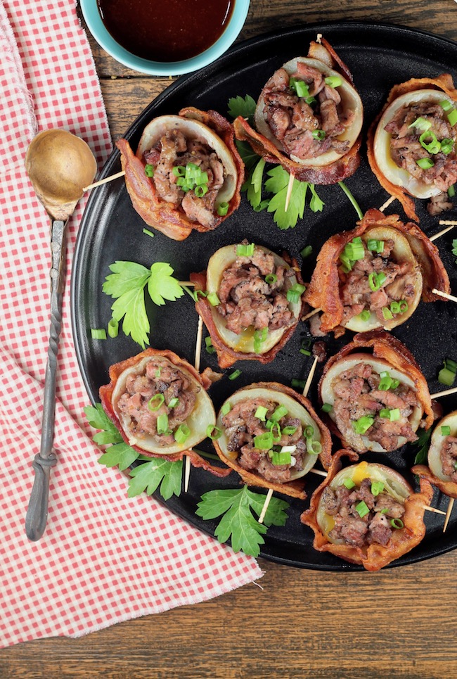 Loaded Potato Skins wrapped in bacon and stuffed with cheese and smoked roast beef