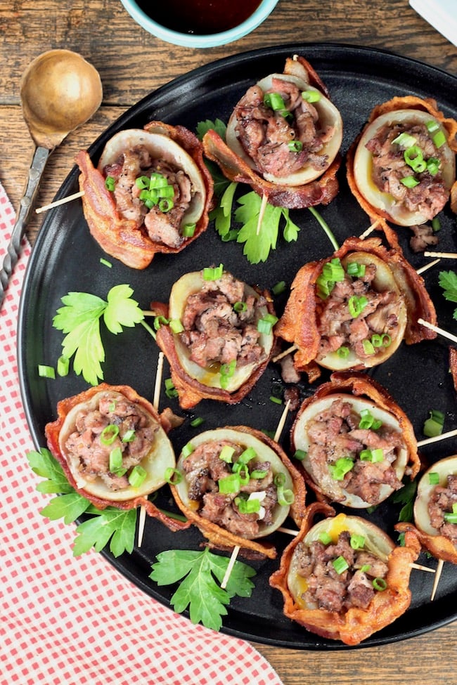 Loaded Potato Skins wrapped in crispy bacon and stuffed with smoked roast beef and cheese ~ appetizer