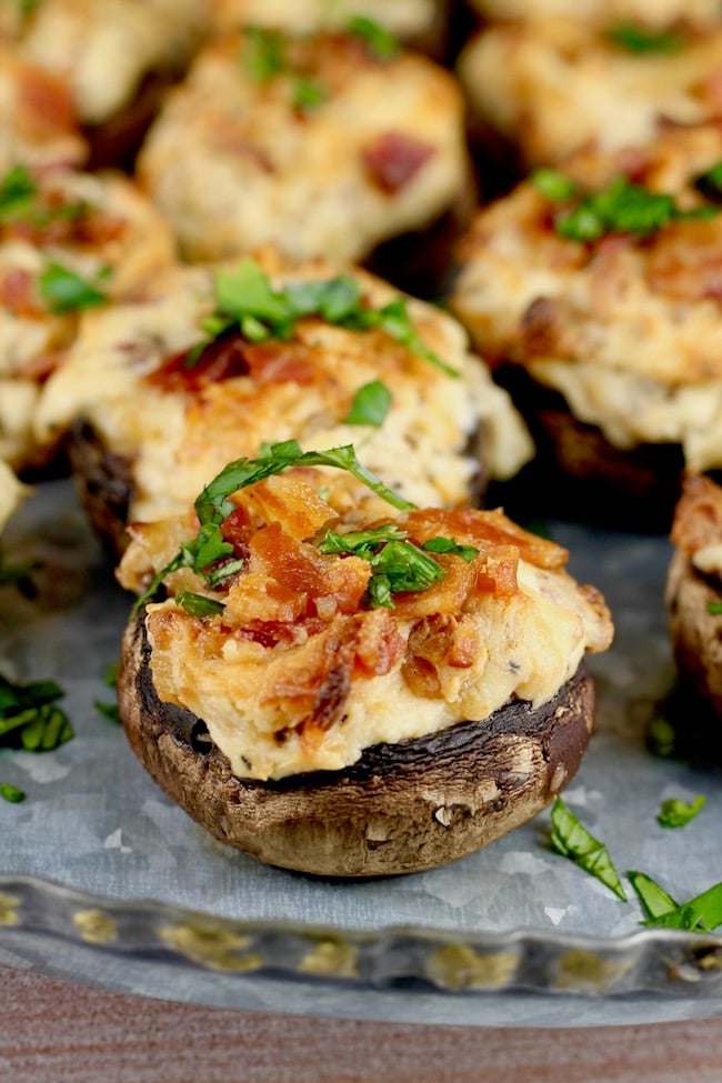 Easy Bacon Stuffed Mushrooms with caramelized onions and smoked gouda cheese