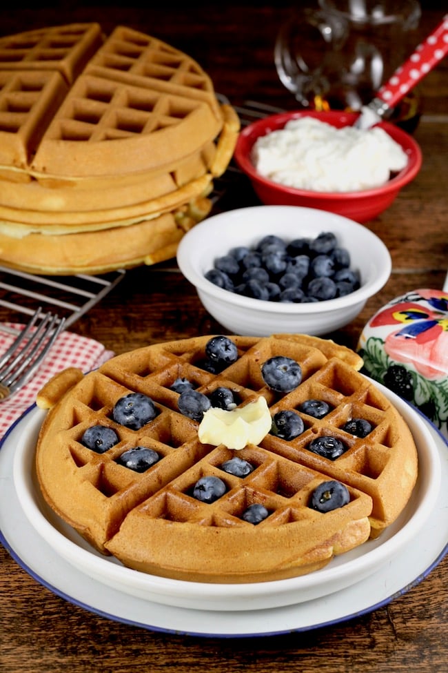 Easy Belgian Waffles with fresh blueberries and butter