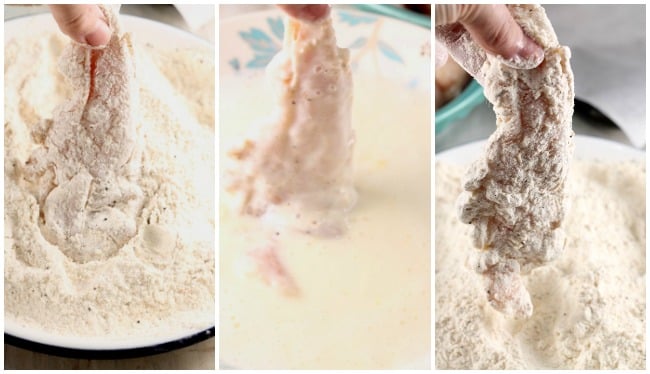 Dipping Chicken Strips in seasoned flour and buttermilk 