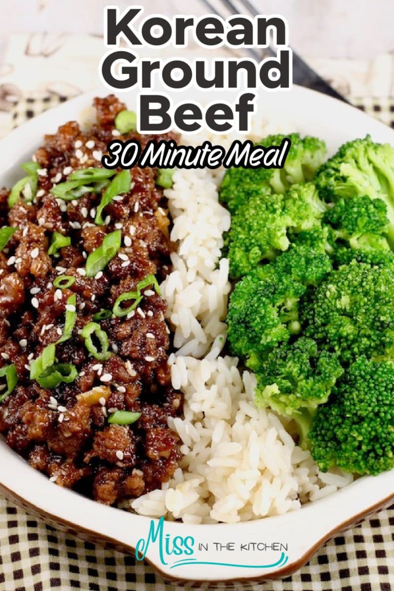 Korean Beef and Broccoli in a bowl over rice - text overlay.