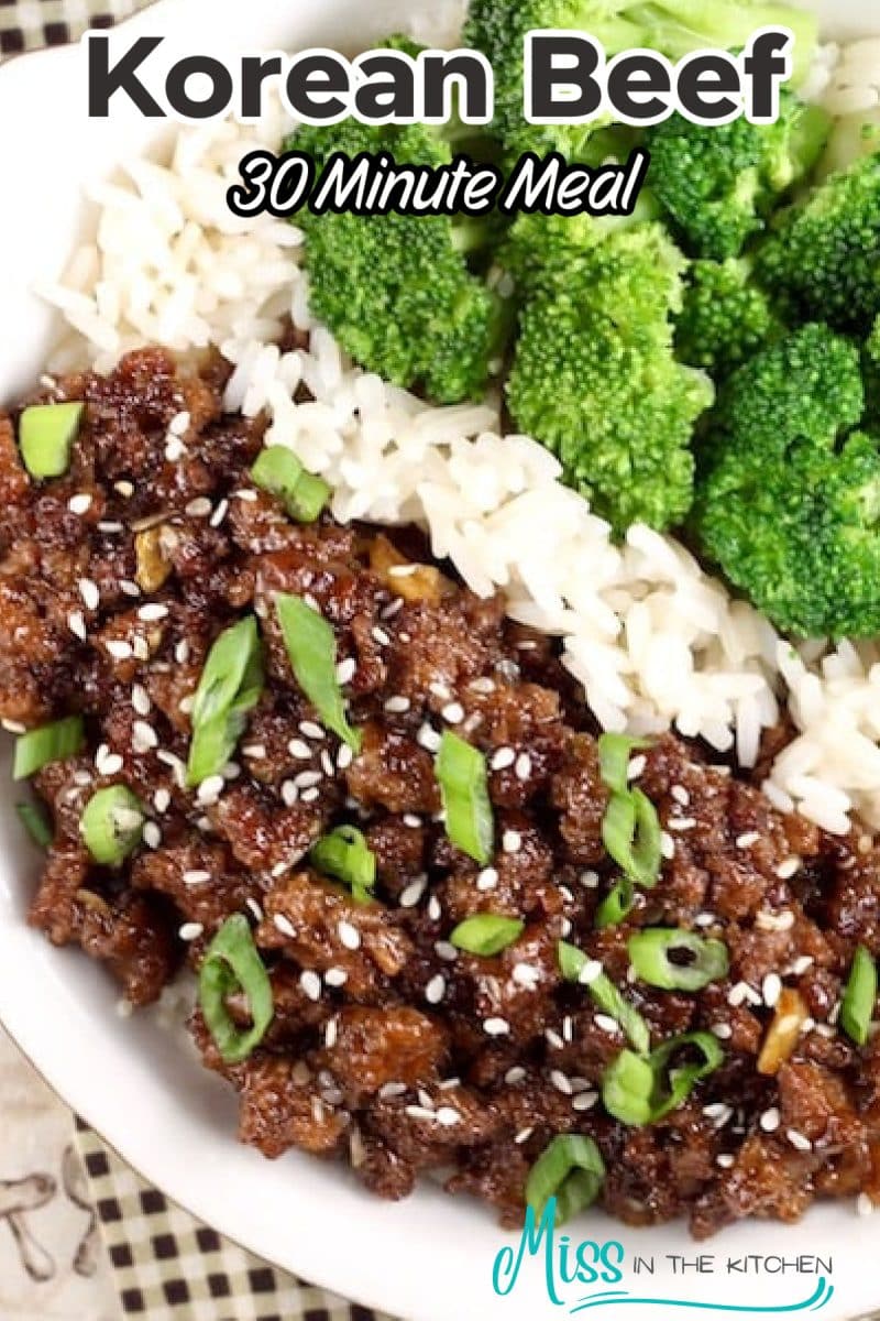 Korean Beef and broccoli over rice, text overlay.
