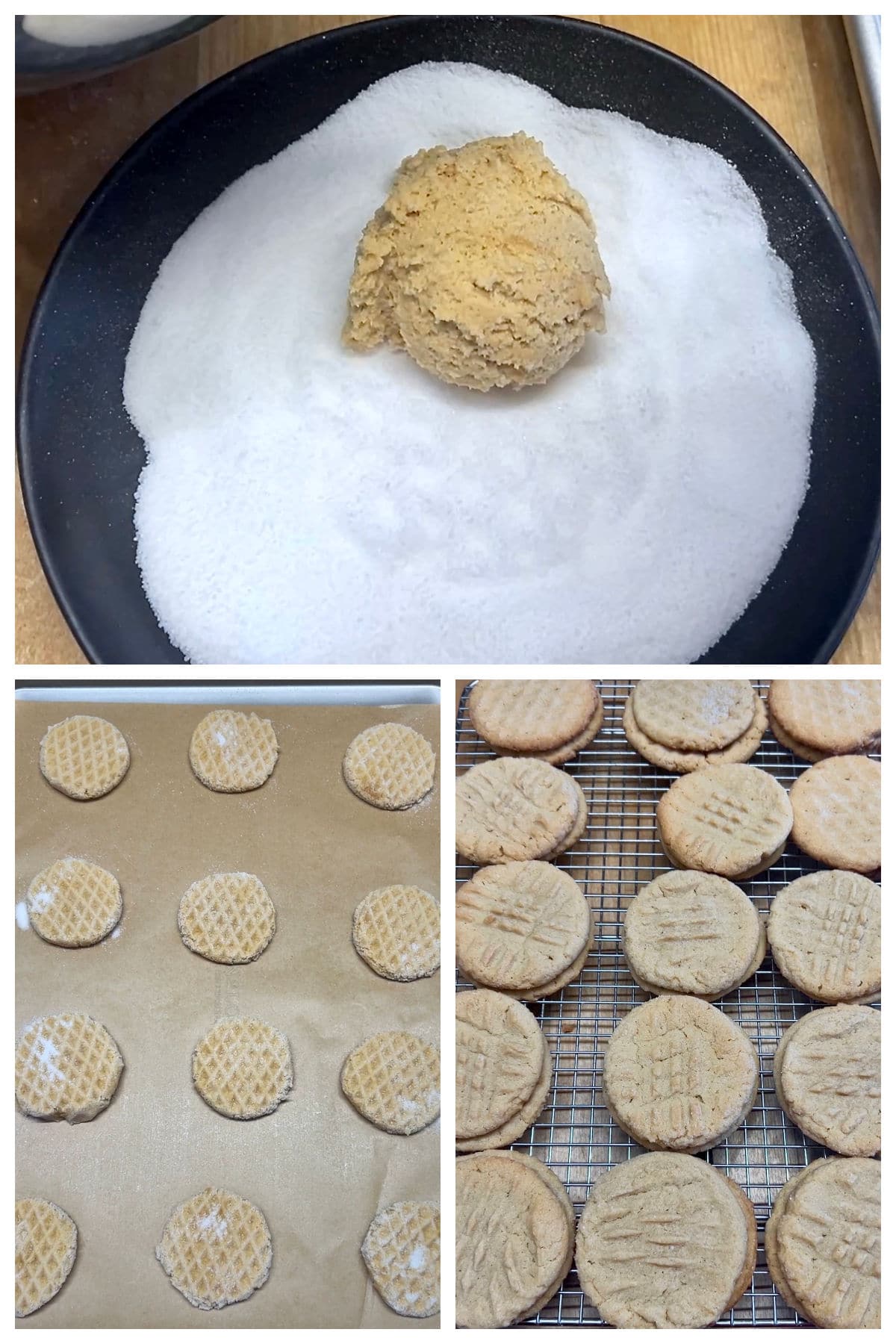 Collage rolling cookie dough in sugar, baking.