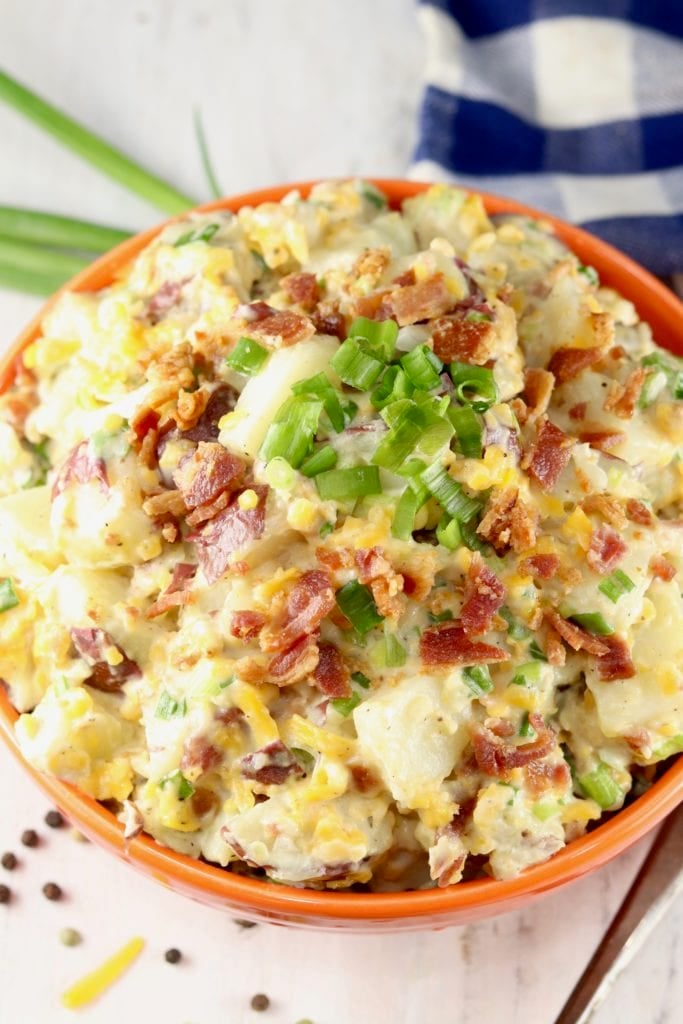 Bacon Ranch Potato Salad ~ red potatoes, crispy bacon, cheddar cheese, green onions