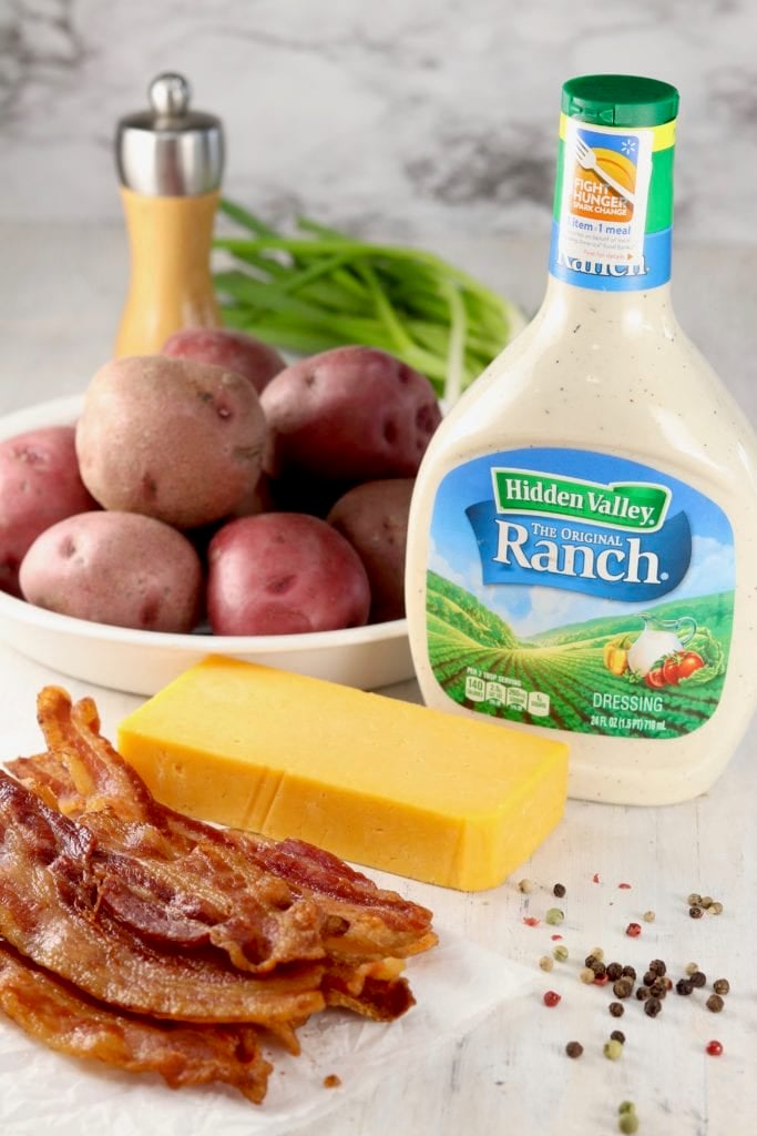 Ingredients for Bacon Ranch Potato Salad with Hidden Valley Ranch, Red Potatoes, bacon, cheddar cheese, green onions