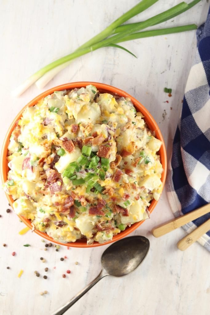 Creamy Potato Salad with bacon, cheddar cheese, green onions