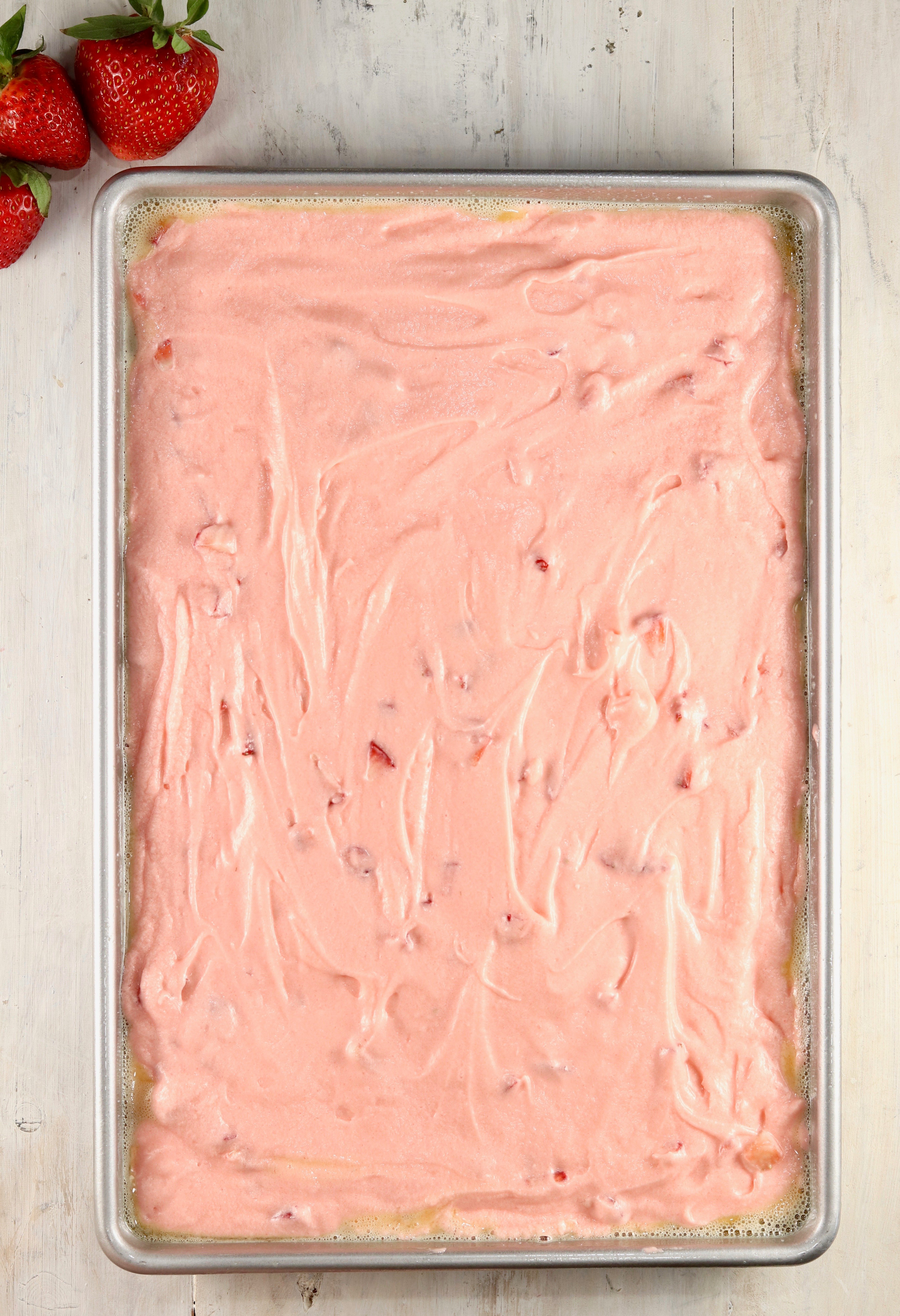 Easy Strawberry Cake in a Jelly Roll Pan ready for the oven