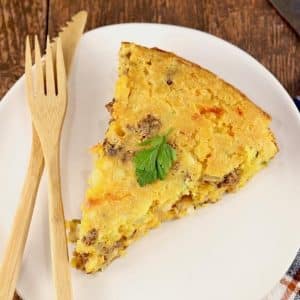 Mexican Cornbread with ground beef on a plate.