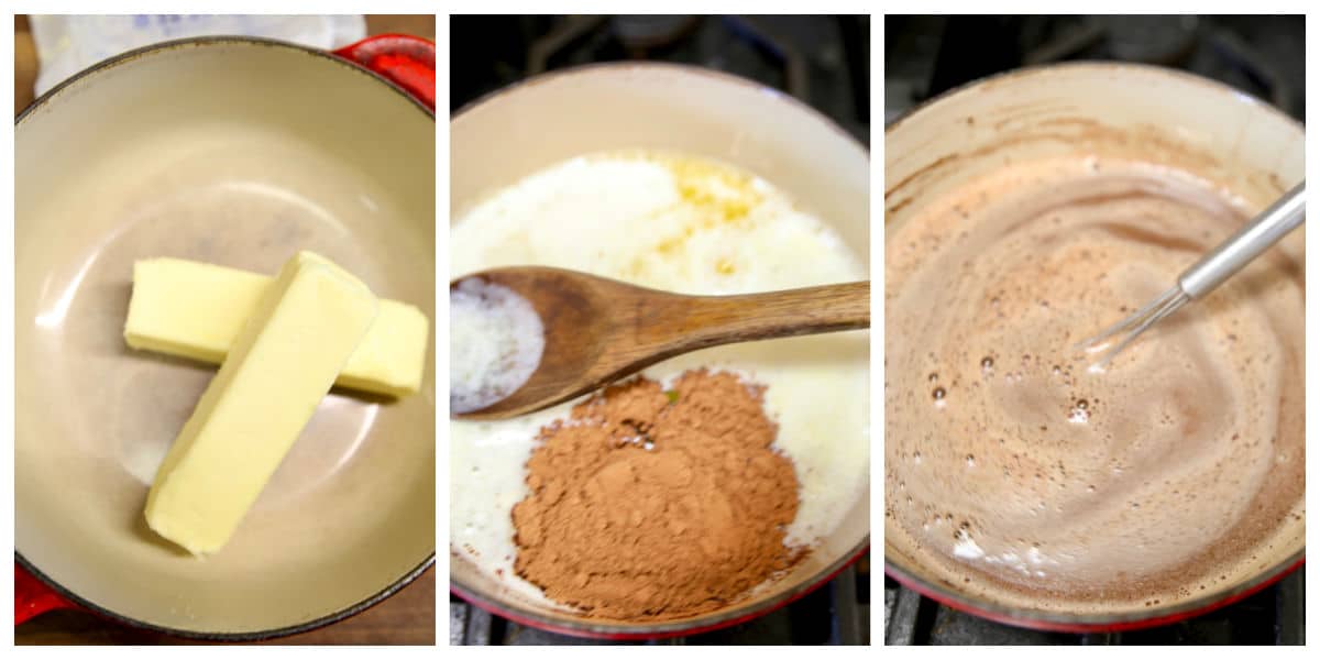 Collage: Melting butter and chocolate for sheet cake.