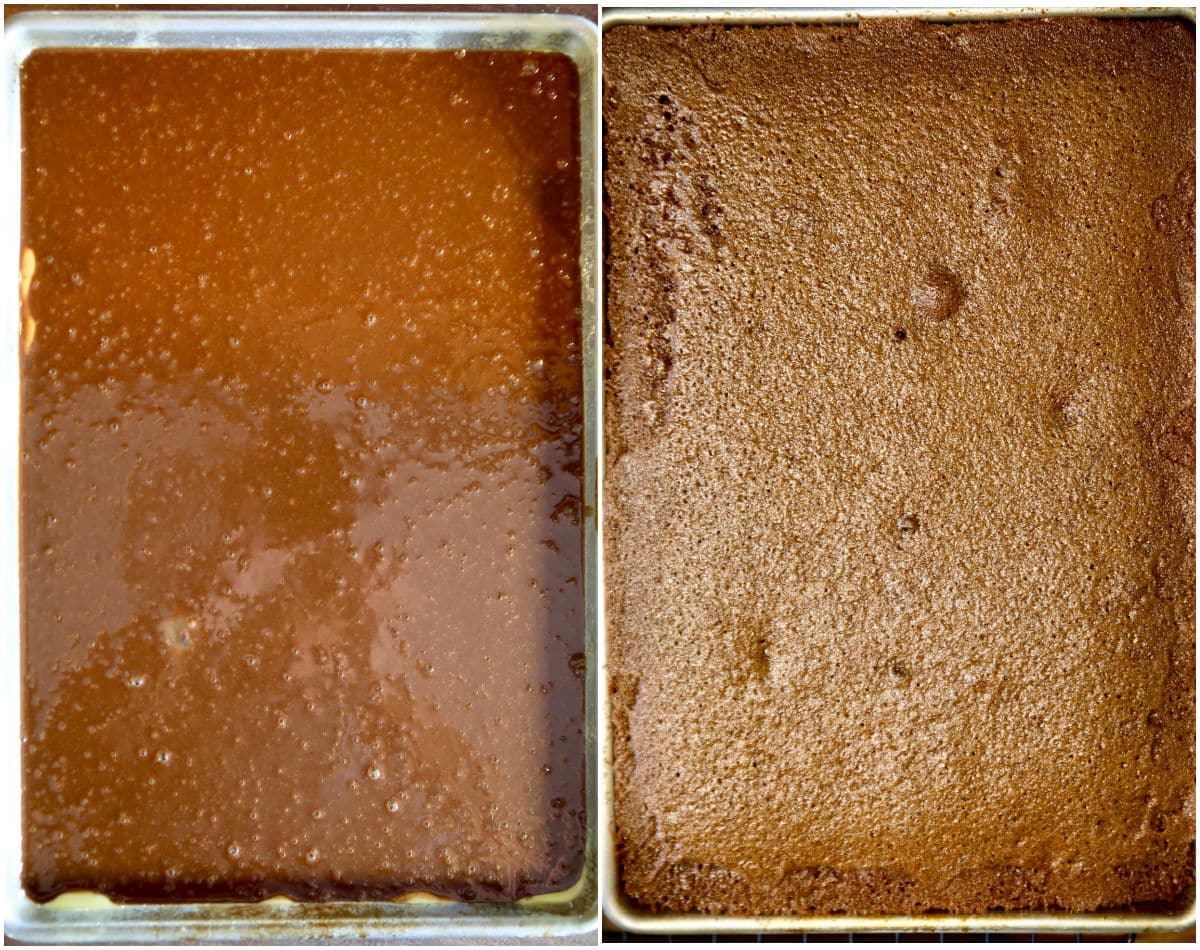 Collage: Sheet pan chocolate cake/baked.