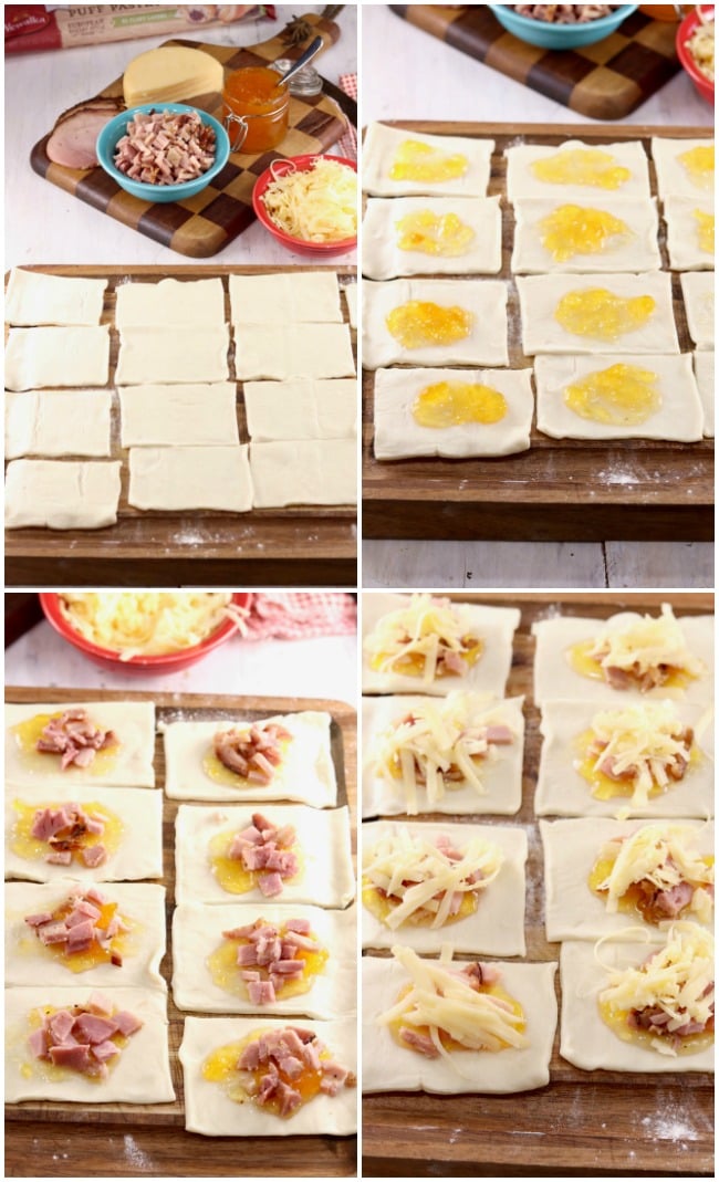 Collage with steps to make Ham and Cheese Party Puffs 