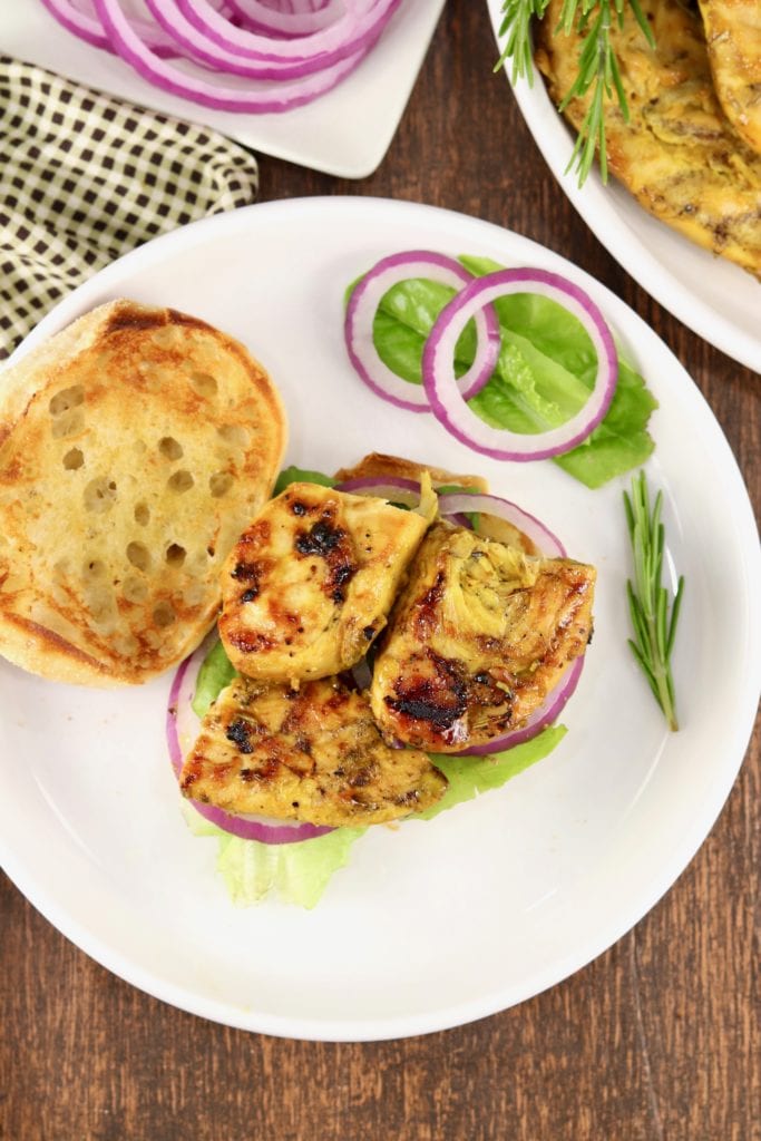 Toasted English Muffins with Grilled Chicken, Lettuce, Red Onion