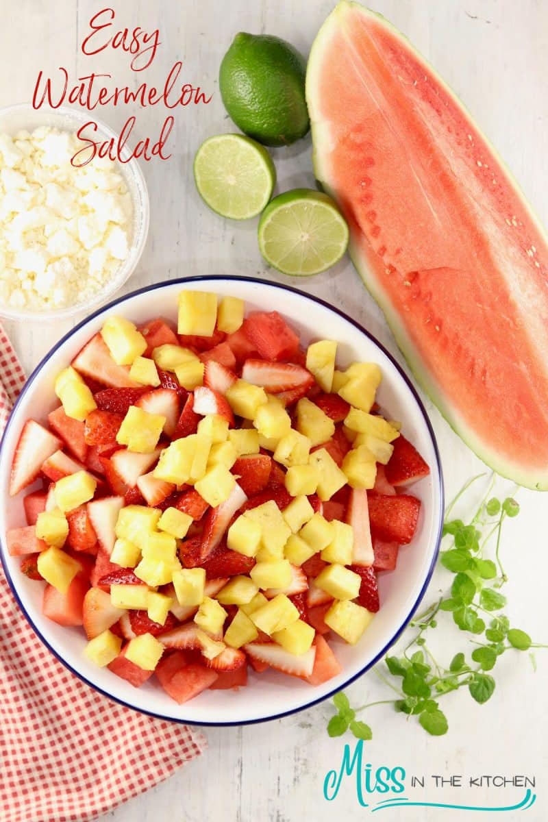Easy Watermelon Salad recipe with text overlay.