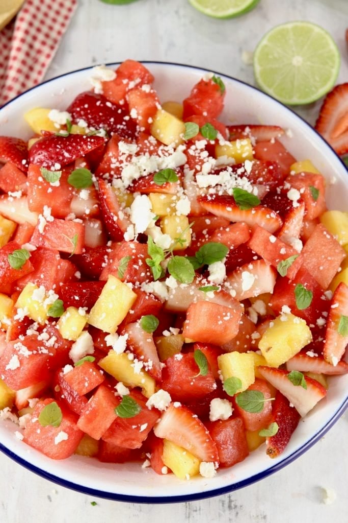Watermelon, Strawberry and Pineapple Salad with feta 
