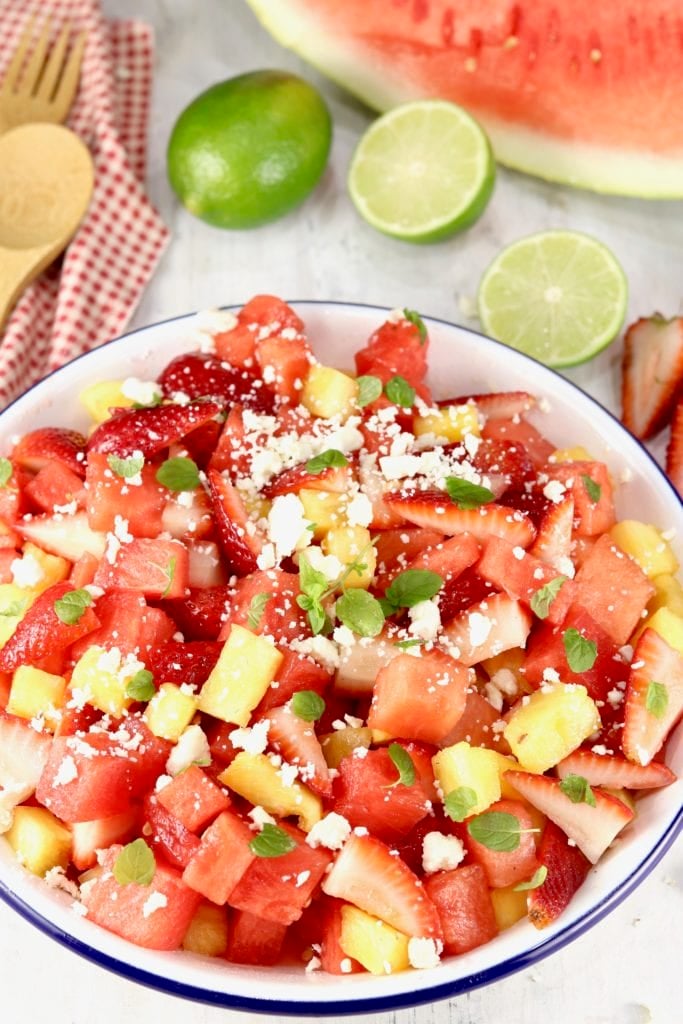 Watermelon Salad in a bowl with watermelon, strawberries, and pineapple
