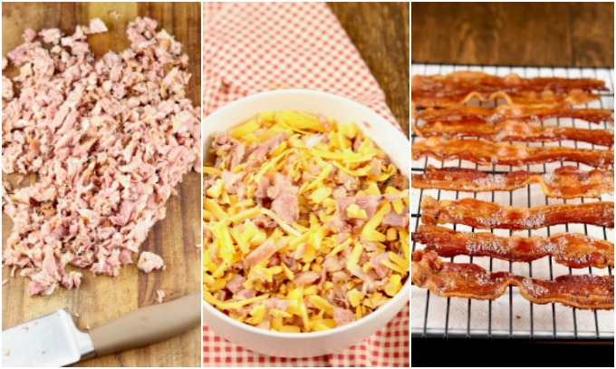 Ham diced, Ham and Cheese in a bowl, Bacon