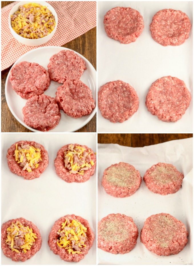 Ground Chuck Patties stuffed with ham and cheese