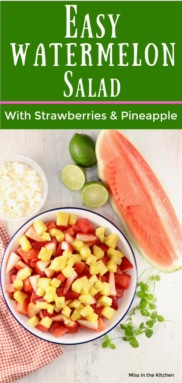 Watermelon, pineapple and strawberry fruit salad with lime dressing