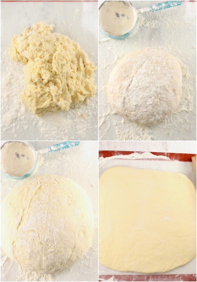 Photo collage of sweet roll dough on a floured mat, dough ready to rise, risen dough and rolled out dough