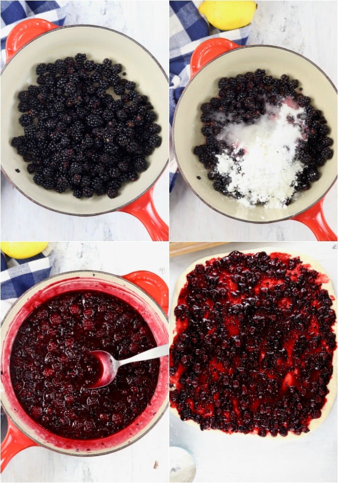 Photo collage of blackberries in a pan, blackberries with sugar, pan of prepared filling and filling spread onto sweet roll dough