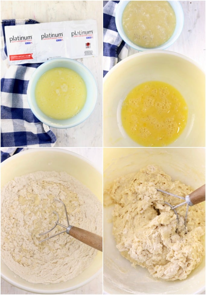 Photo collage of red star yeast + bowl of milk and butter, bowl of beaten eggs, bowl with floured dough and dough whisk, bowl of prepared dough and dough whisk