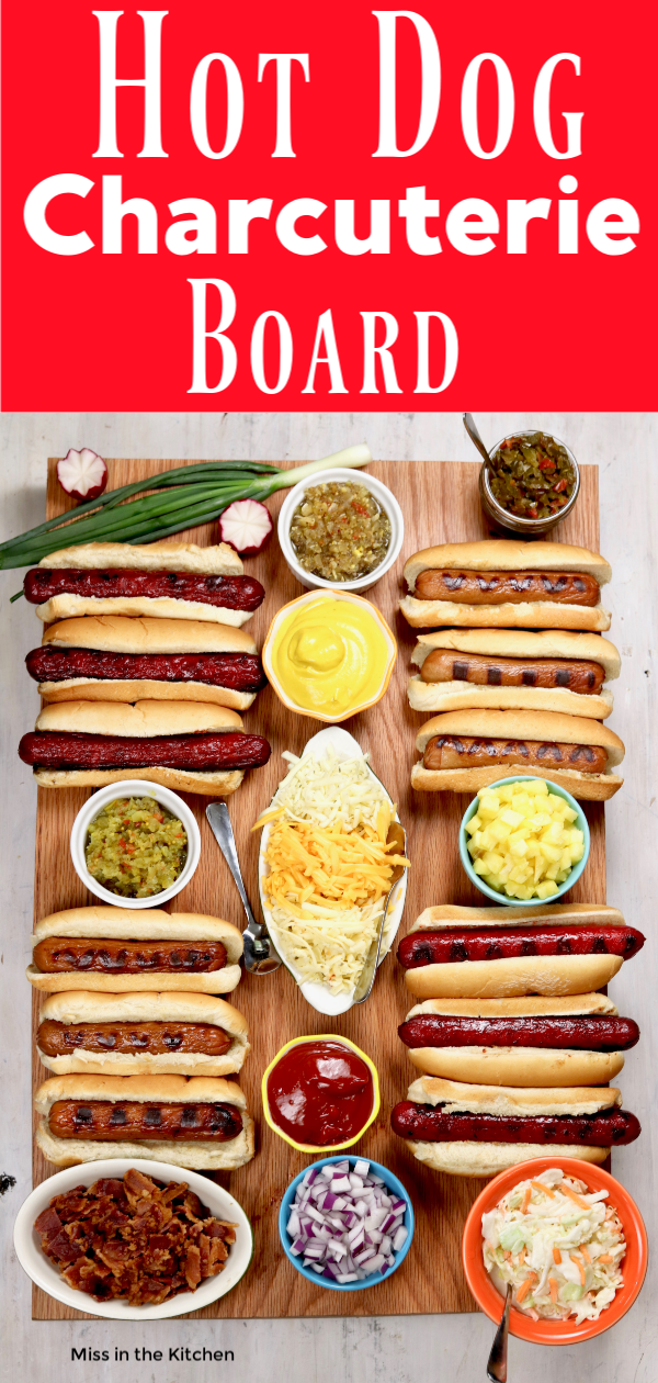 Board of grilled hot dogs and toppings