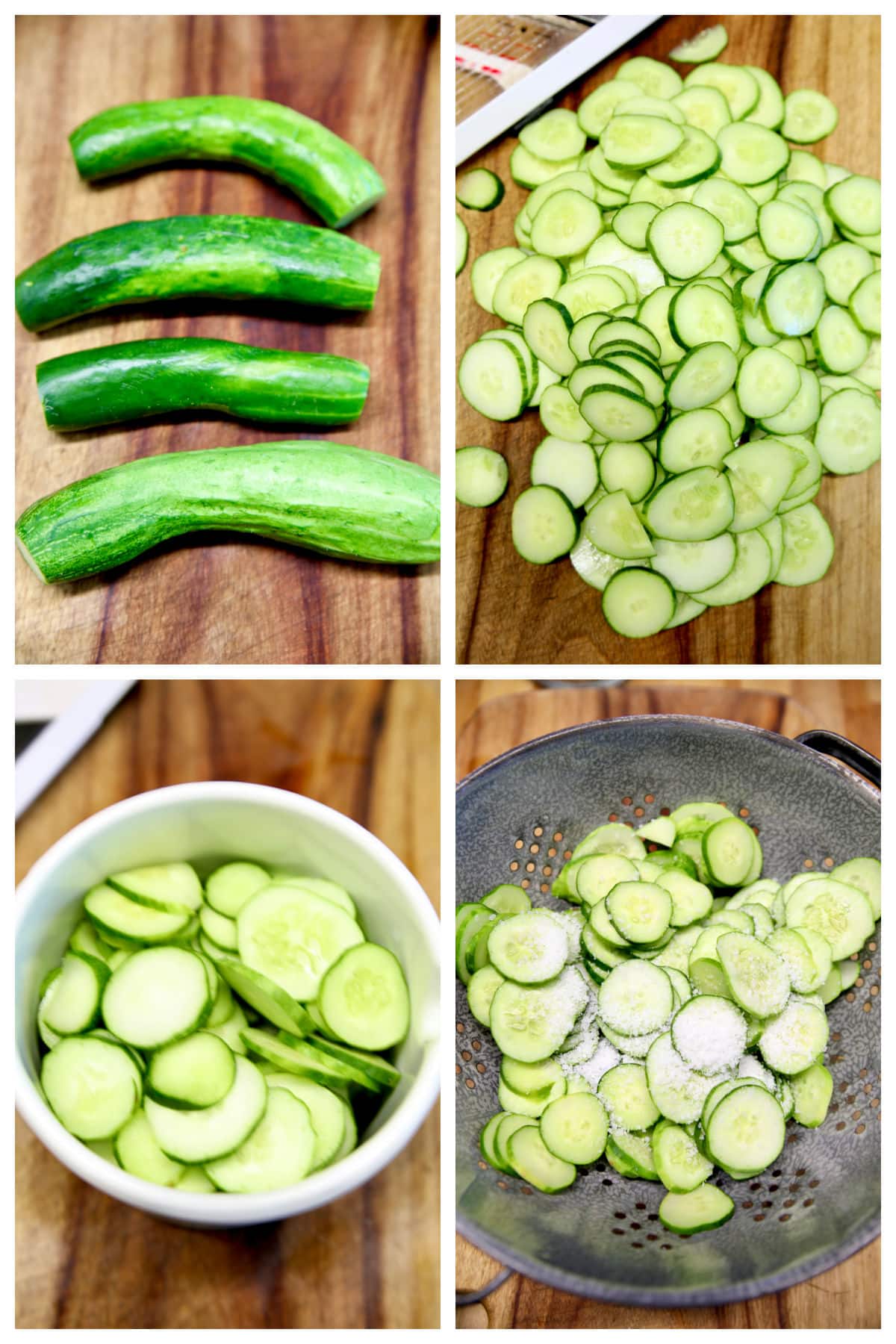 Collage of cucumbers, sliced and salted in a colander.