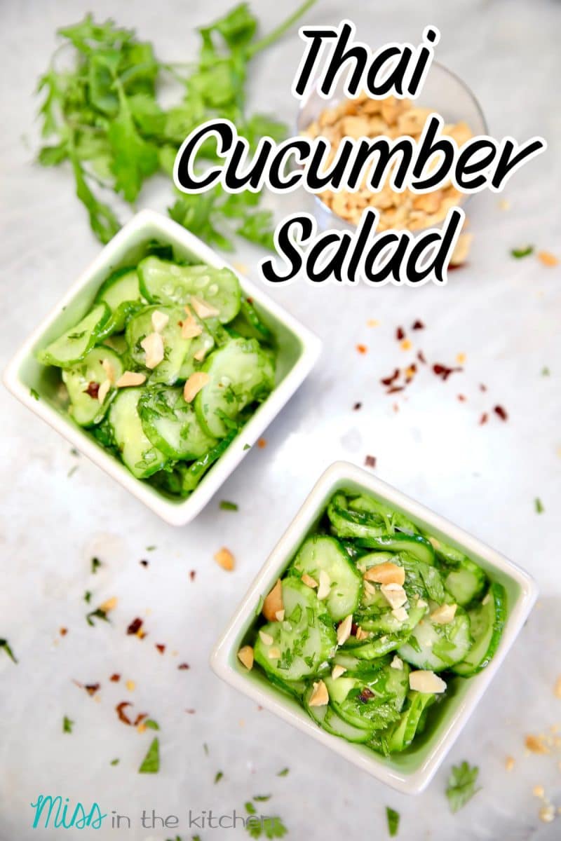 Thai Cucumber salad in 2 bowls, text overlay.