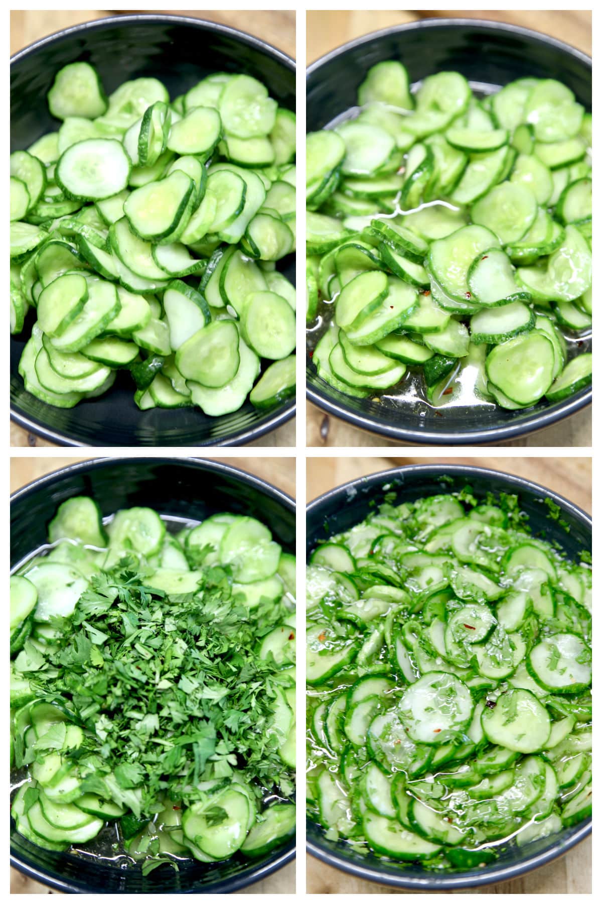 Collage of cucumber salad, mixed with dressing and cilantro.