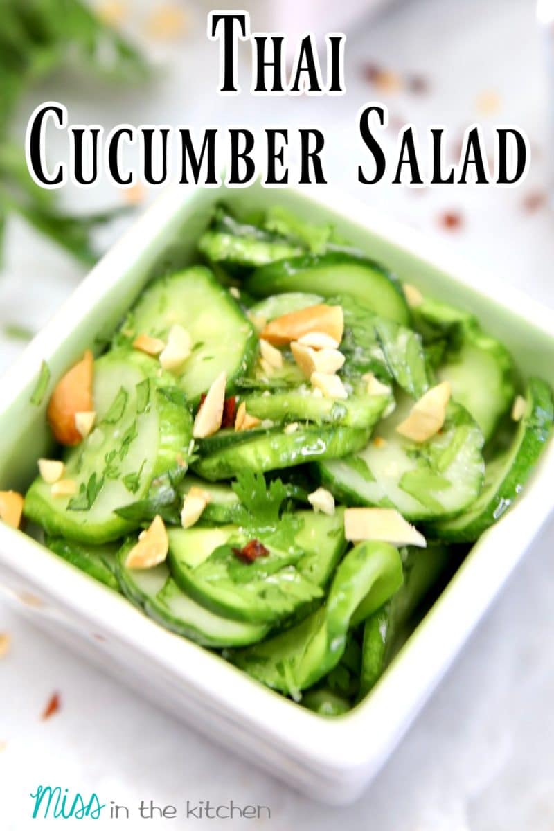 Thai cucumber salad in a square bowl - text overlay.