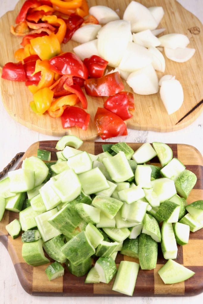 Chopped cucumbers, onions, sweet peppers