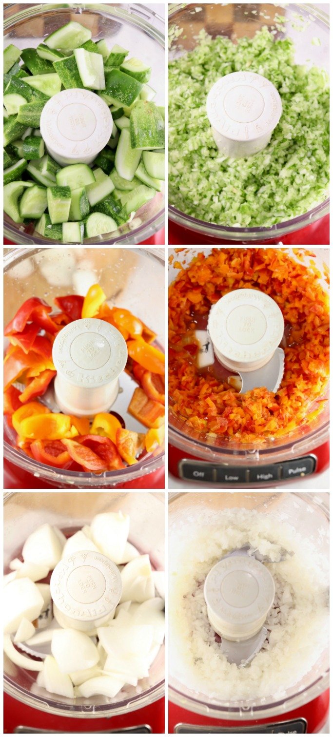 Food Processor Collage chopping cucumbers, peppers, onions 