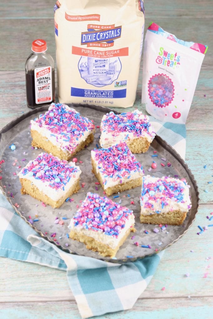 Dixie Crystals Sugar, Adam's Vanilla Extract and Sprinkles with cookie bars