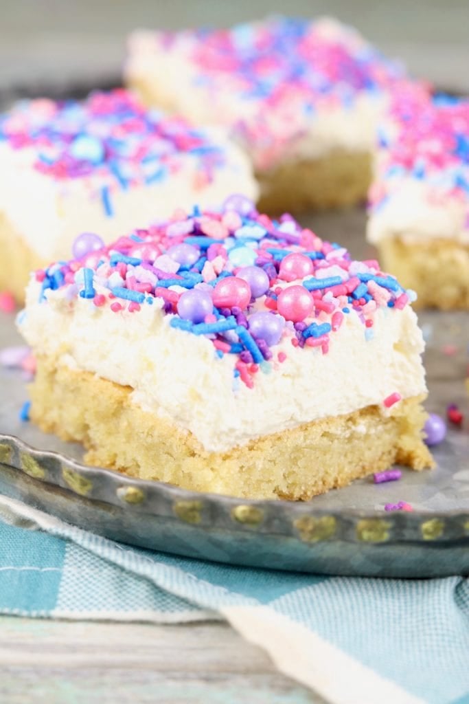 Buttercream frosted Cookie bar with pastel sprinkles