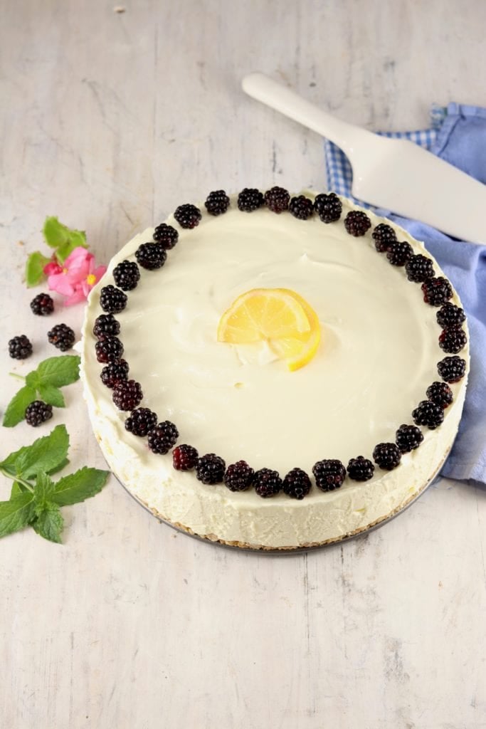 Lemon Chiffon made in a springform pan garnished with blackberries