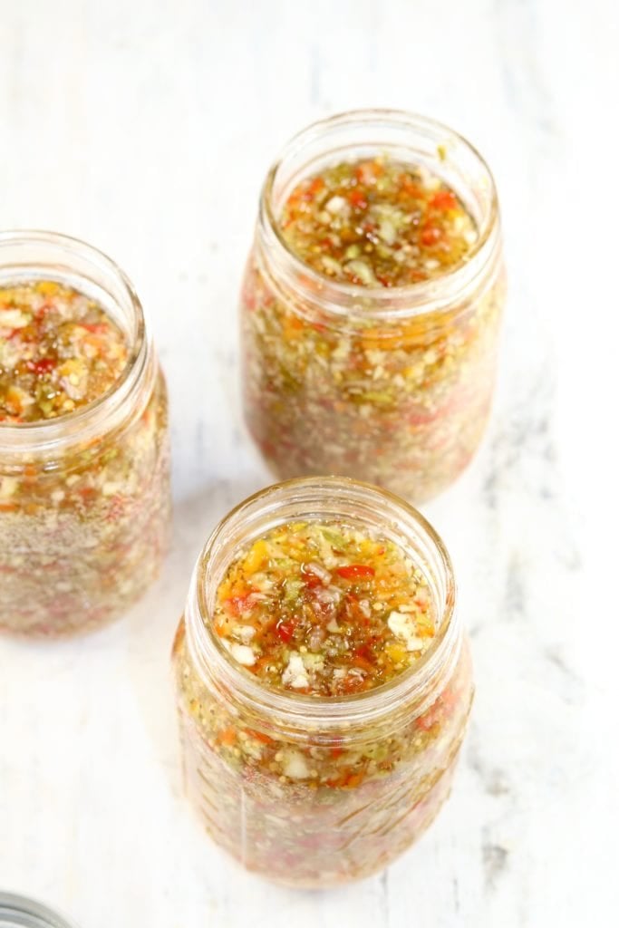 Canning jars filled with sweet pickle relish