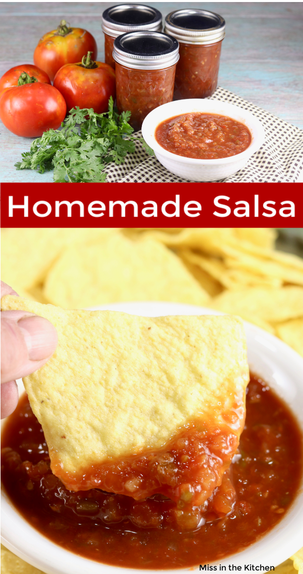 Photo collage of homemade salsa with text overlay