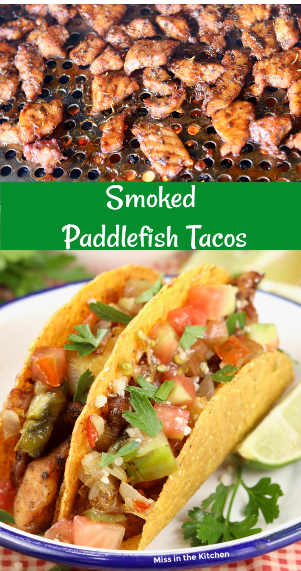 photo collage with text overlay of smoked paddlefish tacos