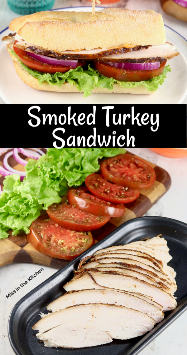 Photo collage of turkey sub sandwich and sliced turkey with vegetables