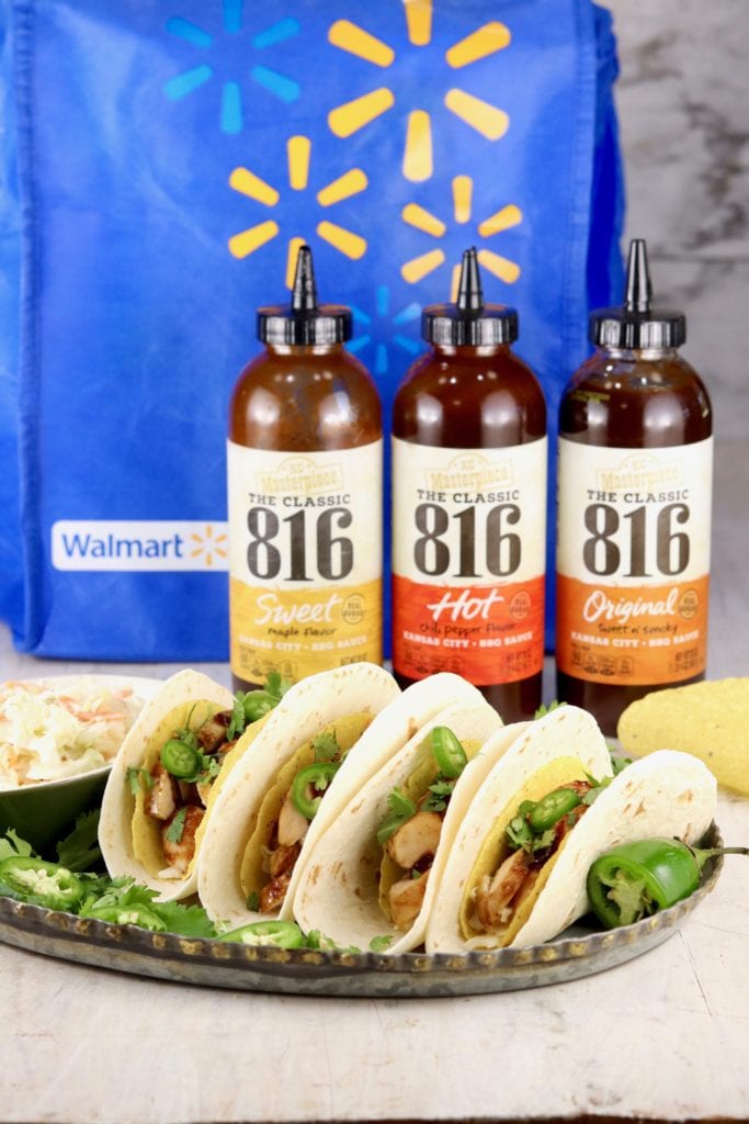 Walmart & KC Masterpiece BBQ Sauces with chicken tacos